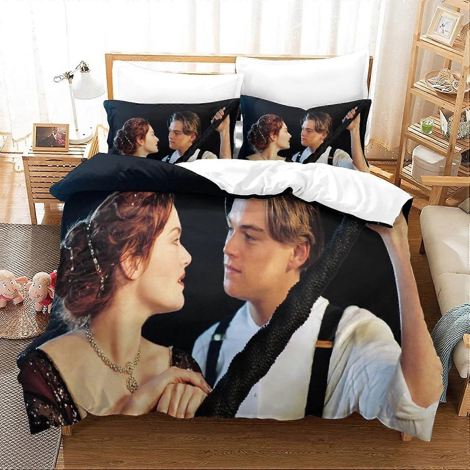 Jack e Rosa Titanic Duvet Cover Multi Cor Luxo Daytime 3D Impresso Roupa de Cama Conjunto de Microfibra Filme Capa de Colcha de Edredom Macio com Gravatas de Fechamento com Zíper 