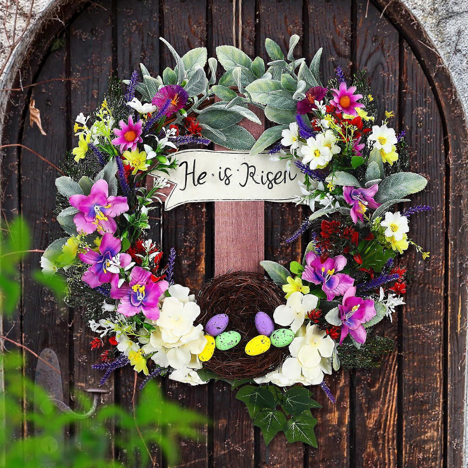 Easter Wreath 18 Inch with Cross and Lilies for Front Door, Spring Christian Decor with Lavender and Eggs