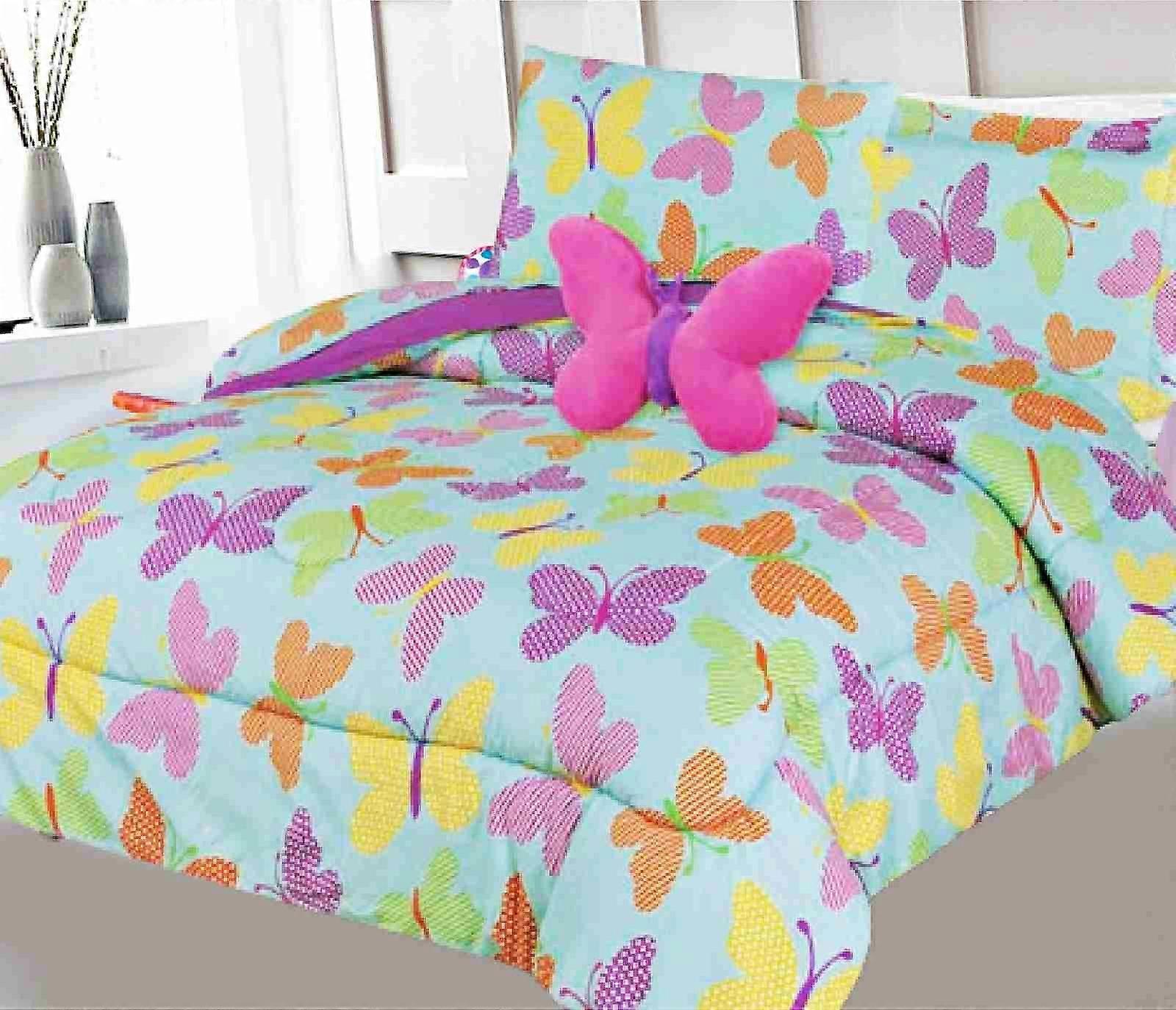 Bedding Set Full Size 8pc Butterfly Turquoise, Compatible with Kids Bedroom Décor, Includes Comforter, Sheets & Plushie Toy
