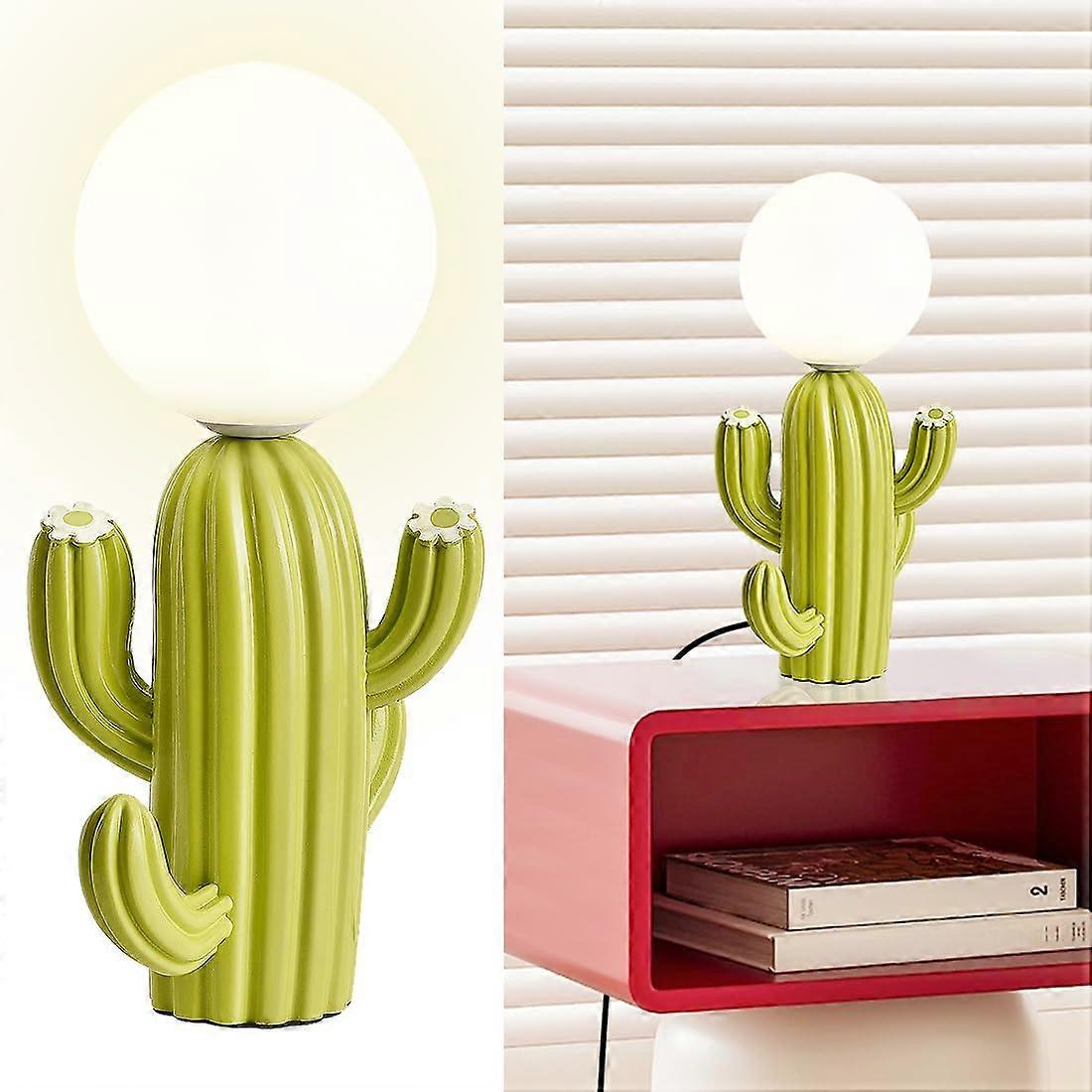 Cactus Table Lamp with Glass Shade, Modern Resin Nightstand Lamp, 3Color Lighting for Bedroom