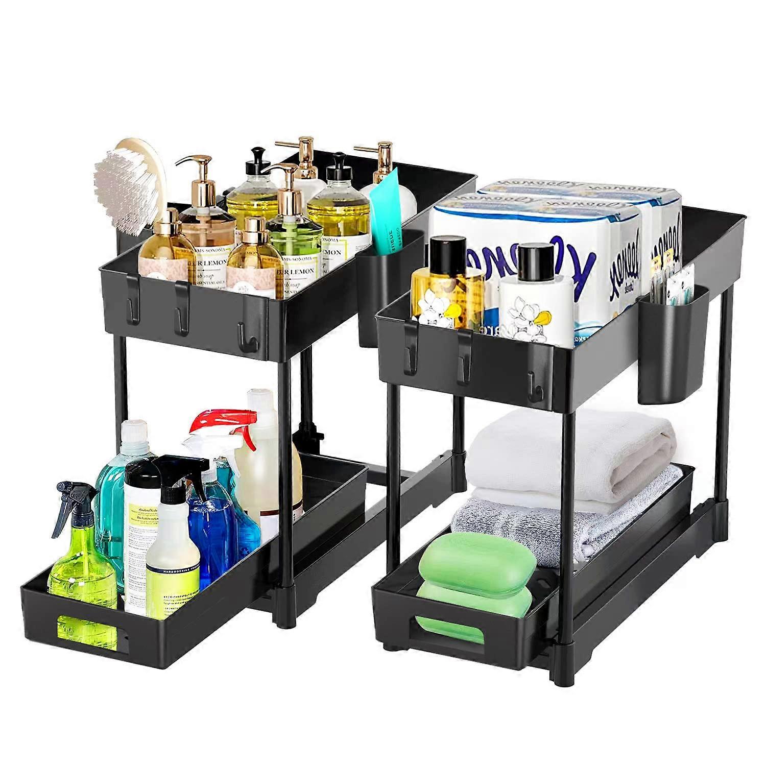 2 Pack Under Sink Organizer 2 Tier Sliding Drawer with Hooks and Cups for Kitchen Bathroom Storage