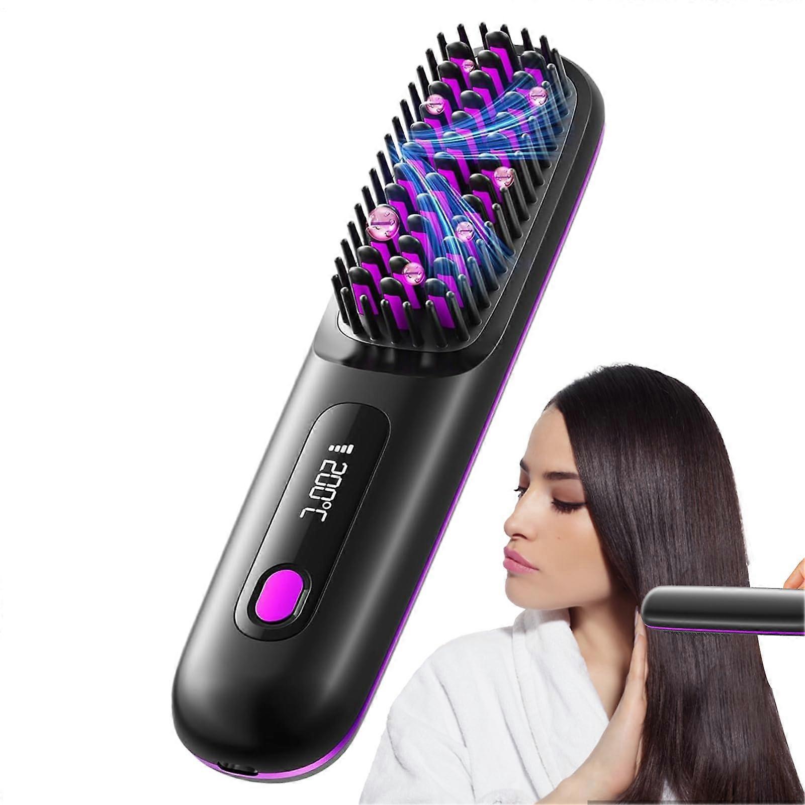 Cordless Hair Straightener Brush with Ceramic Plates, LED Display, Rechargeable Styling Comb for Travel
