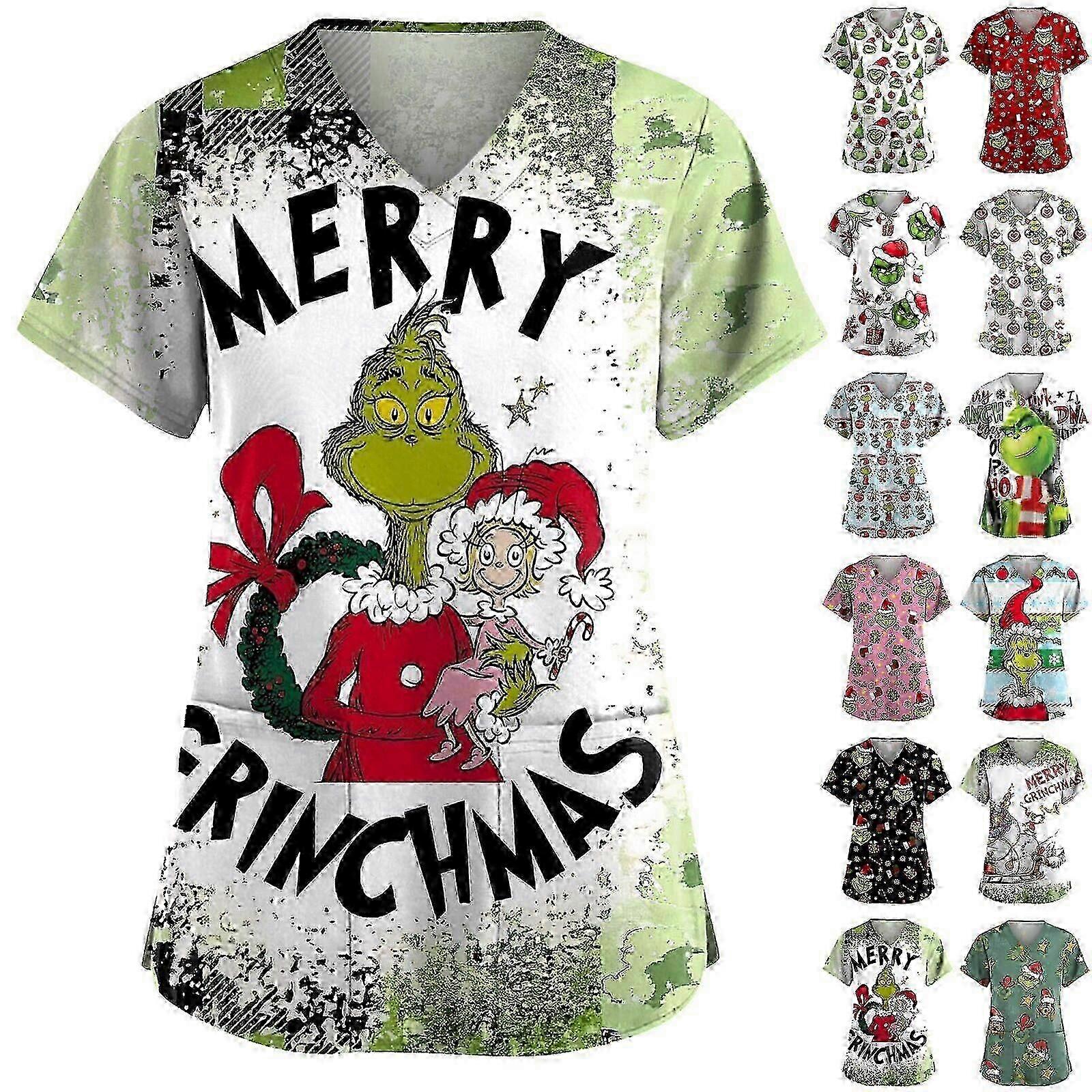 Christmas Women Grinch Nursing Uniform Scrub Short Sleeve Top With Pocket Blouse
