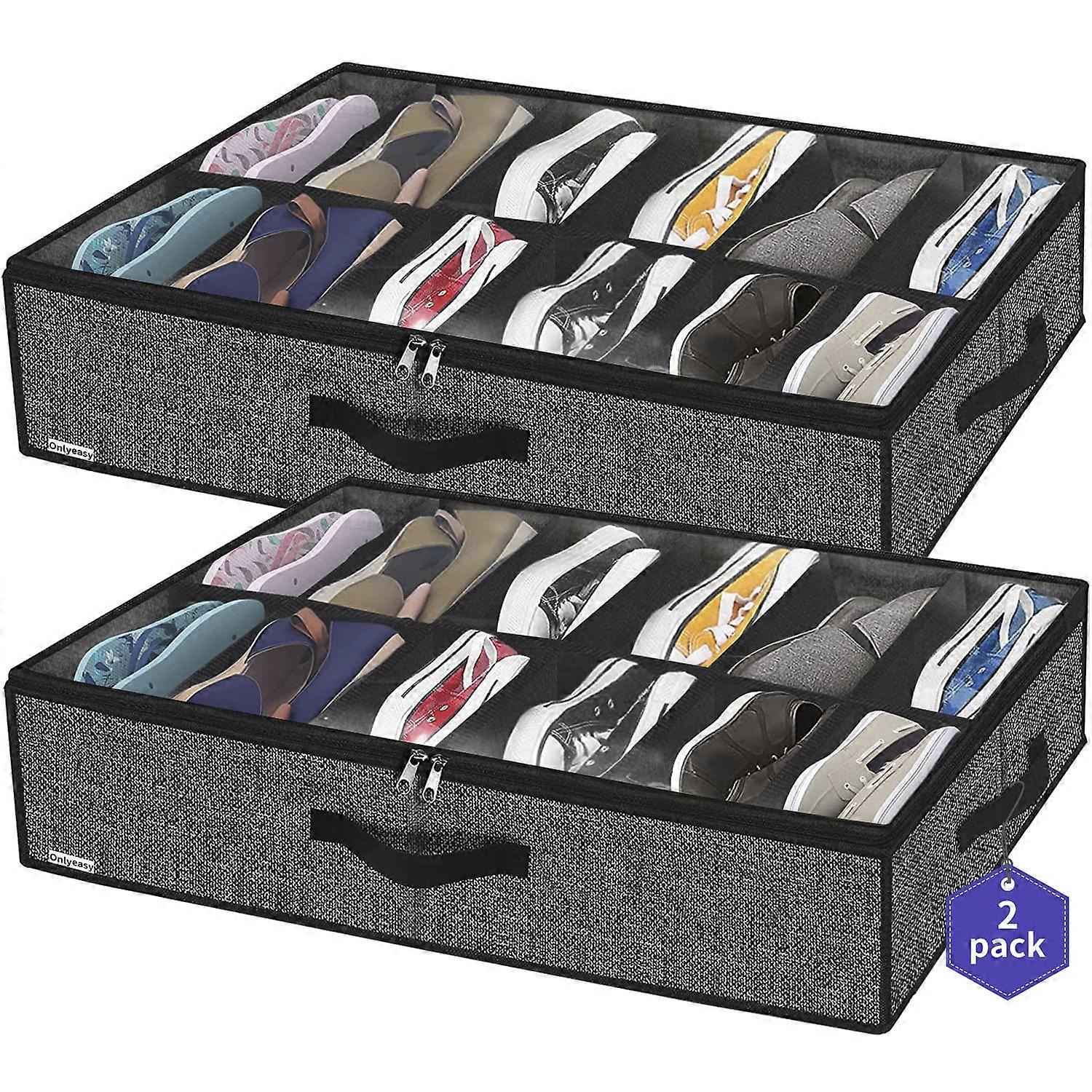 Under Bed Shoe Storage Organizer Set of 2 for 24 Pairs with Clear Window and Easy Slide Handles