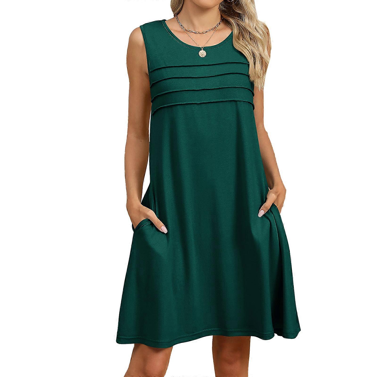 Women's Summer Casual Sleeveless Camisole Pleated Vest Dress with Pockets  Beach Dress darkgreen XL | Fruugo UK