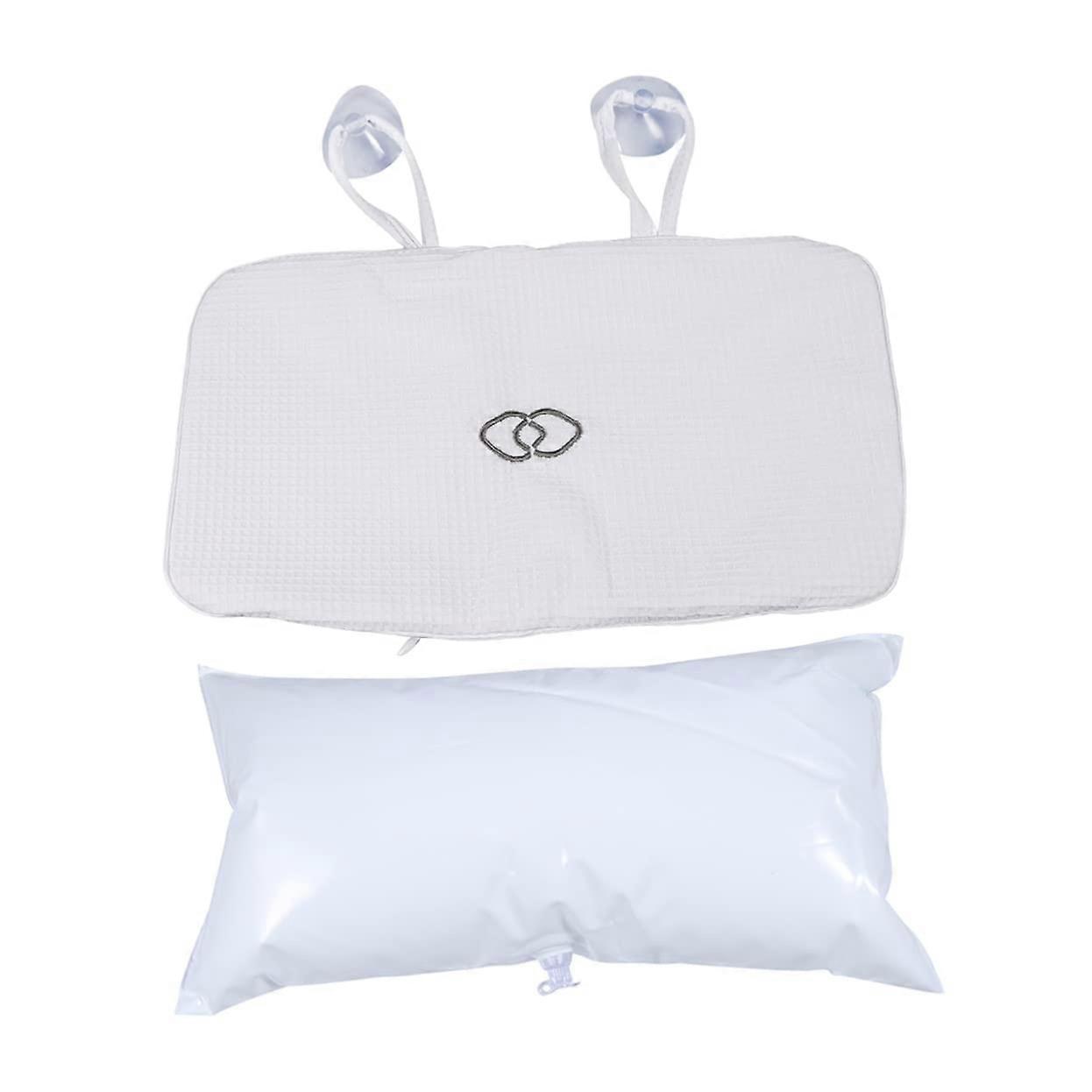 2PC Bath Pillow with Suction Cups, Inflatable PVC Headrest, Ergonomic Neck Support White
