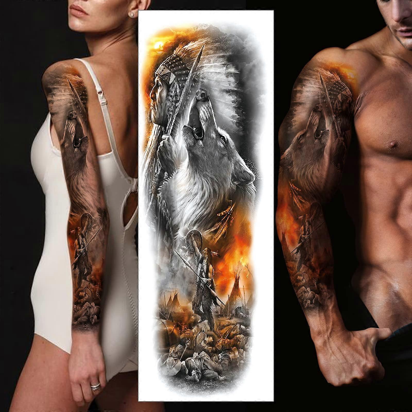 Temporary Sleeve Tattoo Waterproof Full Arm Coverage Realistic 3D Wolf Design for Adults
