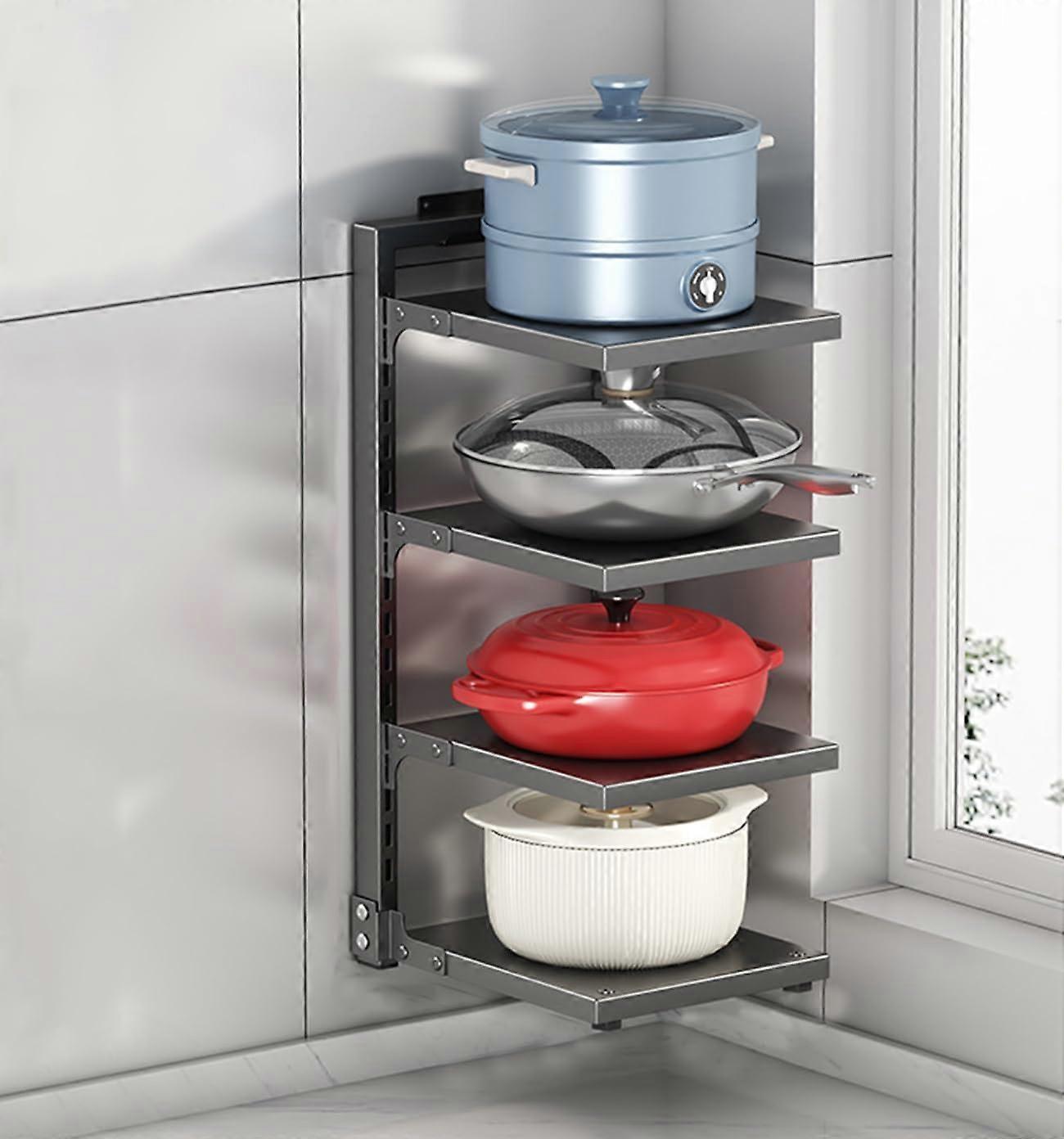 4 Tier Wall Mounted Pot and Pan Organizer with Adjustable Dividers, Space Saving Gray Kitchen Rack