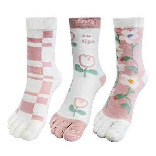 Women's five-finger mid-calf socks, cute tulip pattern, casual everyday 3-Pack