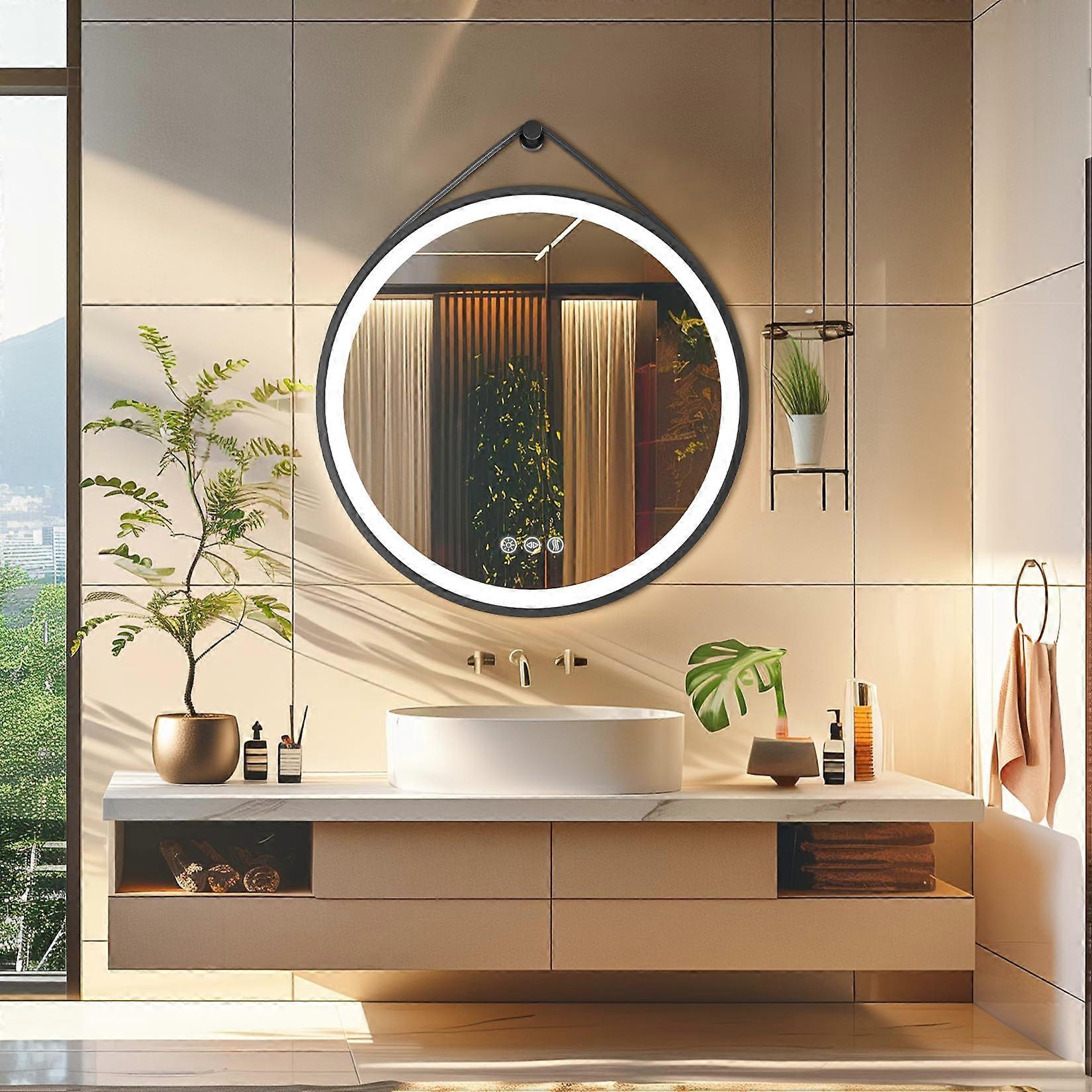 32 Inch Round LED Bathroom Mirror with Leather Strap, AntiFog, Touch Sensor, 3Color Dimmable
