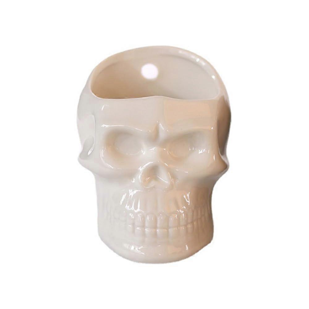 White Ceramic Skull Toothbrush Holder Wall Mounted MultiPurpose Pen Brush and Planter Organizer