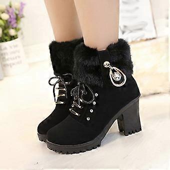 Fuzzy Boots Women Shoes Round Toe Solid Color Lace-up Side Zip Fashion High Heels Winter Plush Warm 6(37)