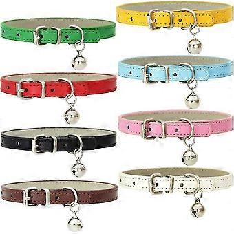 Set of 8 leather cat collars with bells and polished metal buckles