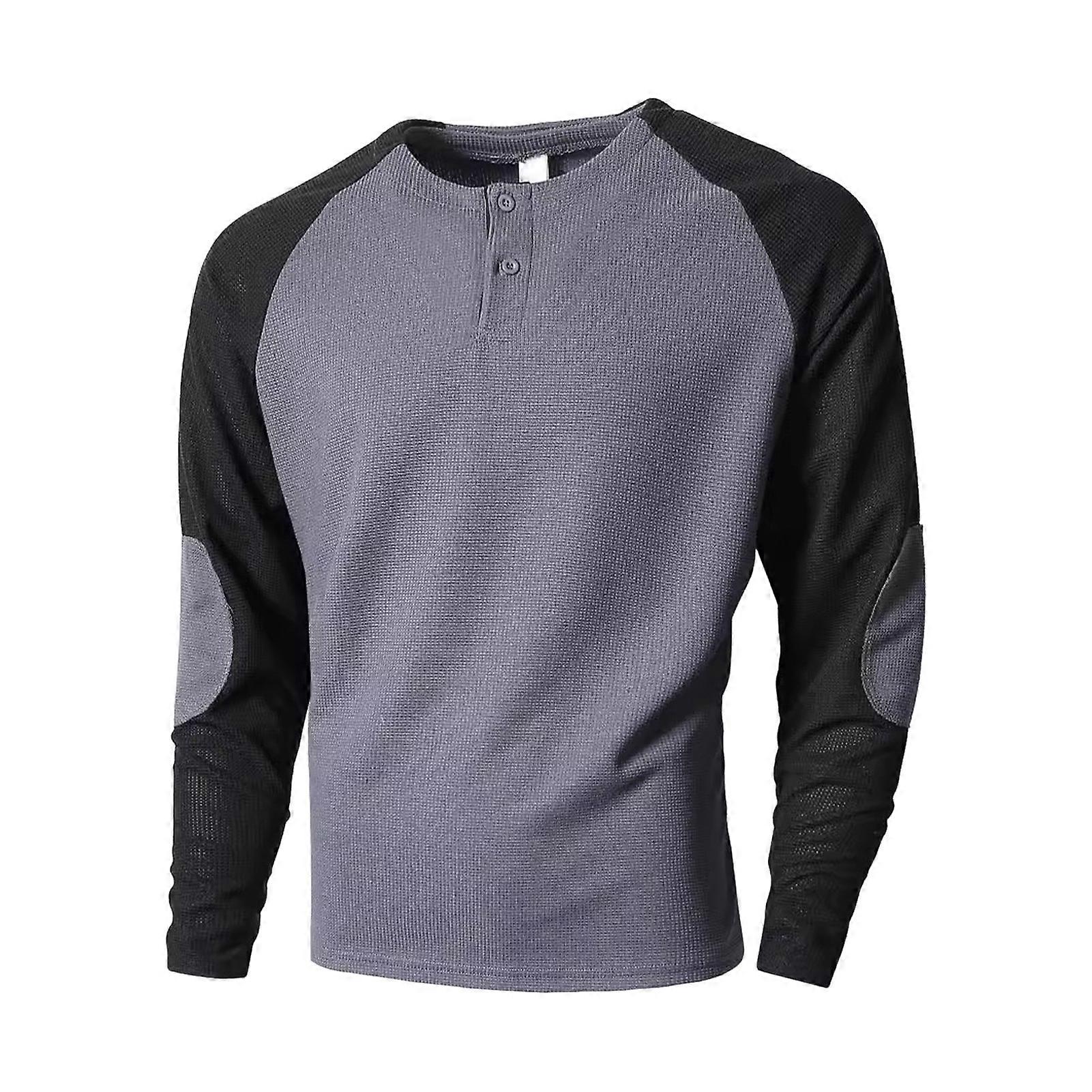 Buttoned Round Neck Patchwork Tee for Spring Autumn Wear