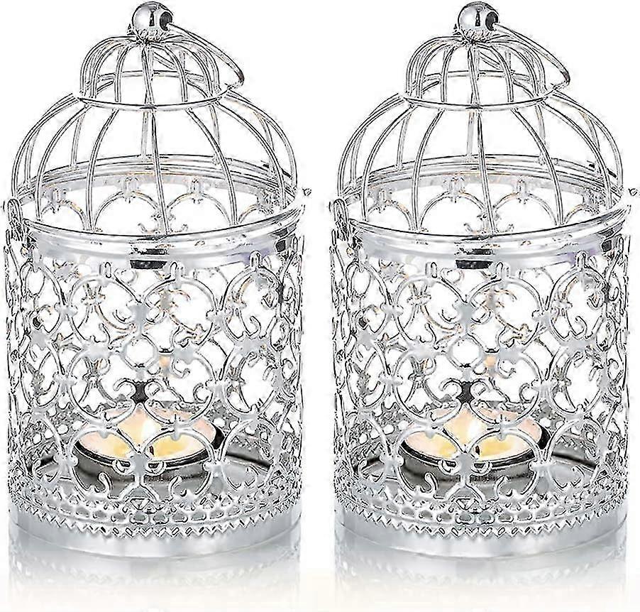 2 Pcs Decorative Lanterns Candle Holder Hanging , Silver