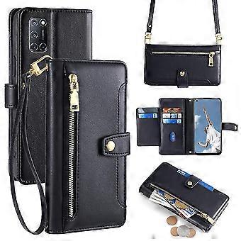 For OPPO A52/ A72/ A92 4G Case Zipper Pocket Leather Flip Stand Phone Cover with Straps