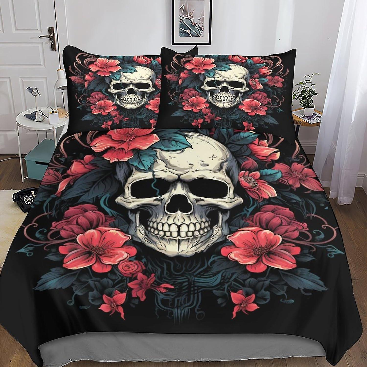 VCLUST Gothic Skull Duvet Cover Set Bedding Set 3D Microfiber Polyester Creative Skull Comforter Cover with Pillow Shams, 3 Piece Set, Zipper Quilt Co