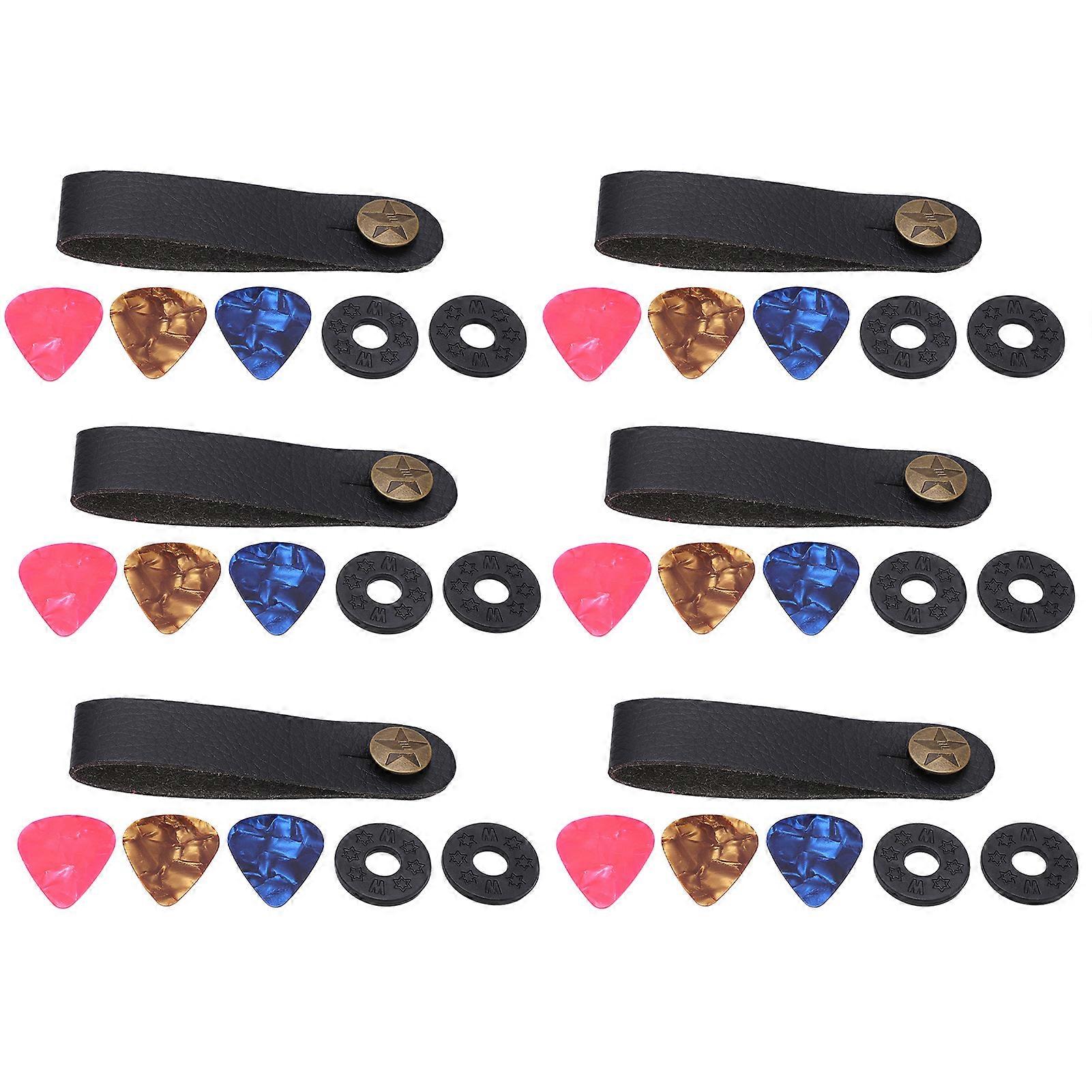 6 Sets Guitar Neck Strap Leather Headstock Button Tie Accessory Set Kit With Pickblack Neck Strap