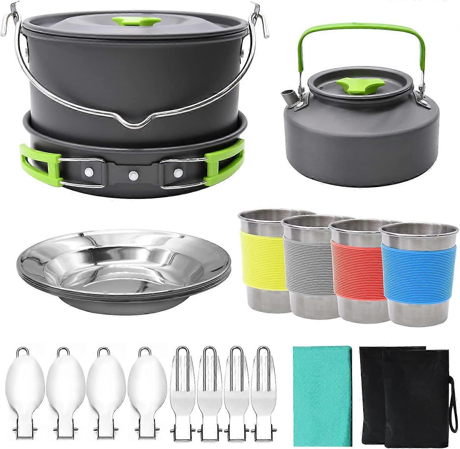 22pcs Camping Cookware Mess Kit, Large Size Hanging Pot Pan Kettle with Base Cook Set for 4, Cups Dishes Forks Spoons Kit Wash Cloth and Storage Bags