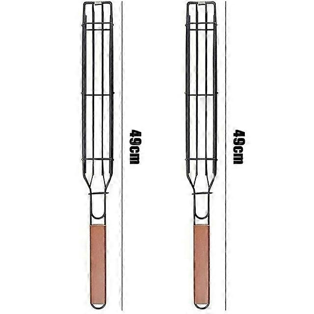 2PC Barbecue Basket Bar Shape Iron And Wood Skewer 45cm Basket Outdoor Barbecue Utensils Portable Kabob BBQ Grilling Basket BBQ Tools