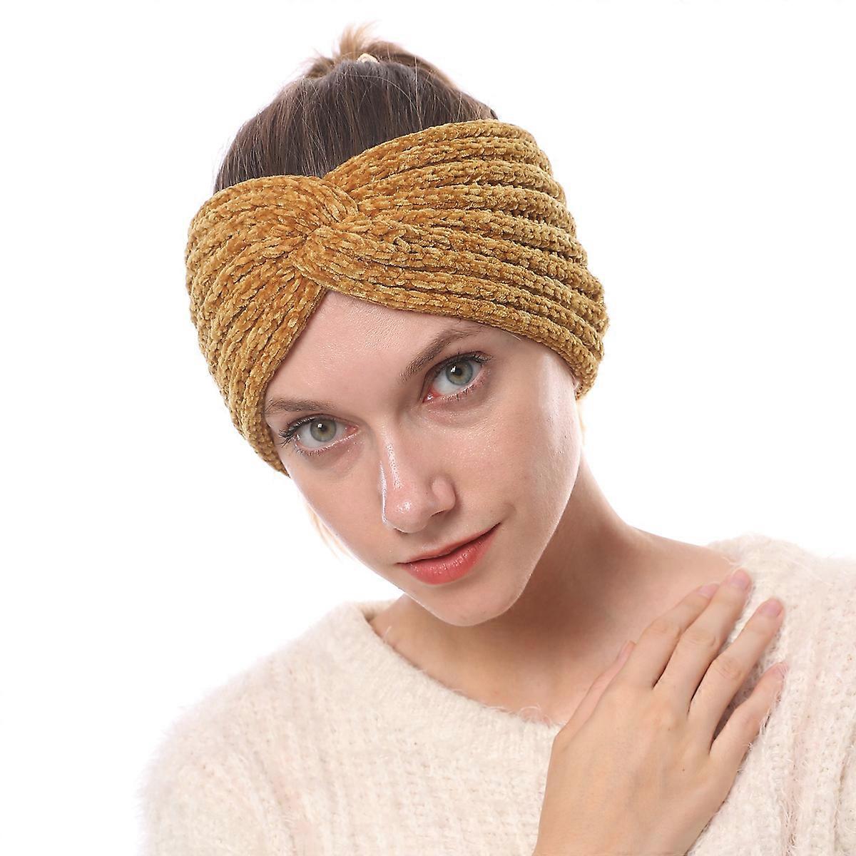 Yellow women's knitted crossover headband