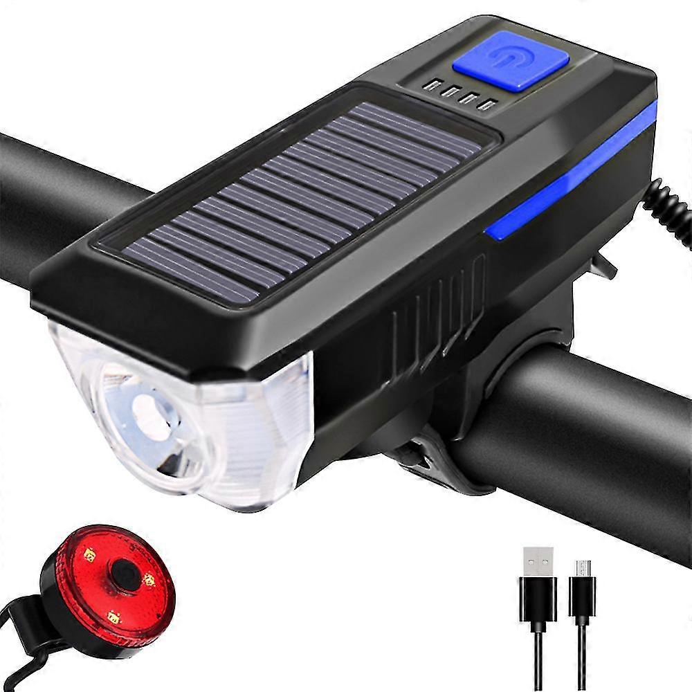 Bike Light Set And Horn Solar Powered Usb Rechargeable Bicycle Headlight Taillight Combinations Front Back Light Tail Light Led Speaker