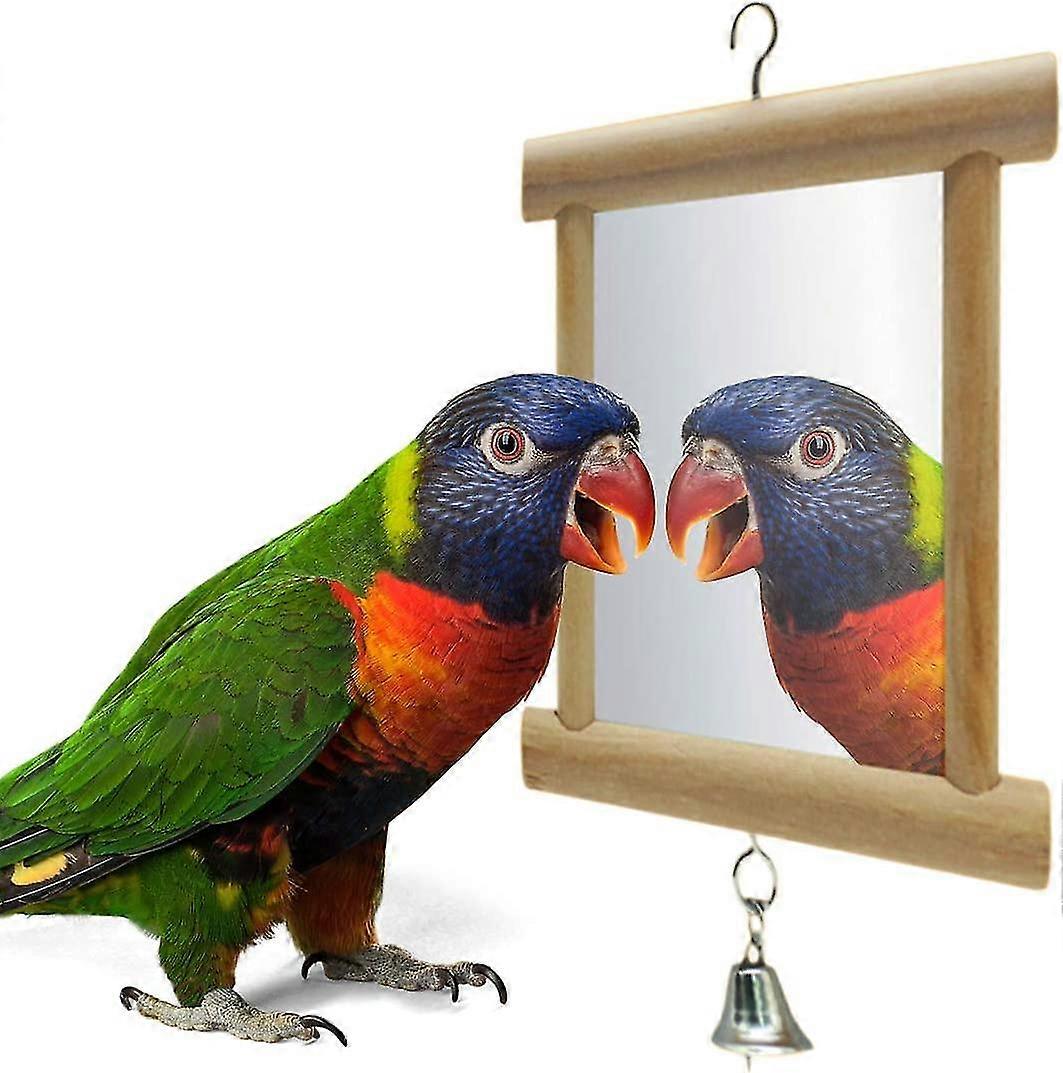 Bird Mirror, Wooden Double Mirror With Bell For Bird, 15x10cm