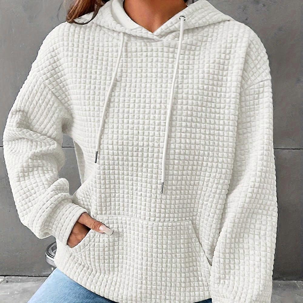Plus Size Casual Sweatshirt, Women's Plus Solid Waffle Pattern Long Sleeve Drawstring Hooded Sweatshirt With Pockets