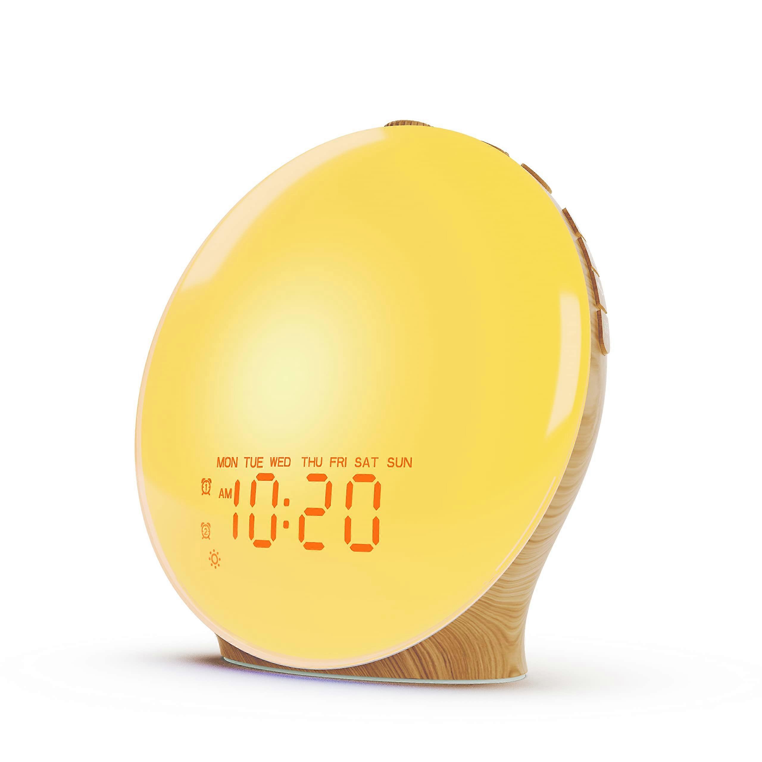 Alarm Clock with Wake Up Light and Sunrise Simulation for Bedroom with FM Radio, Nightlights, Sounds, and Sleep Timer in Wood Grain Design