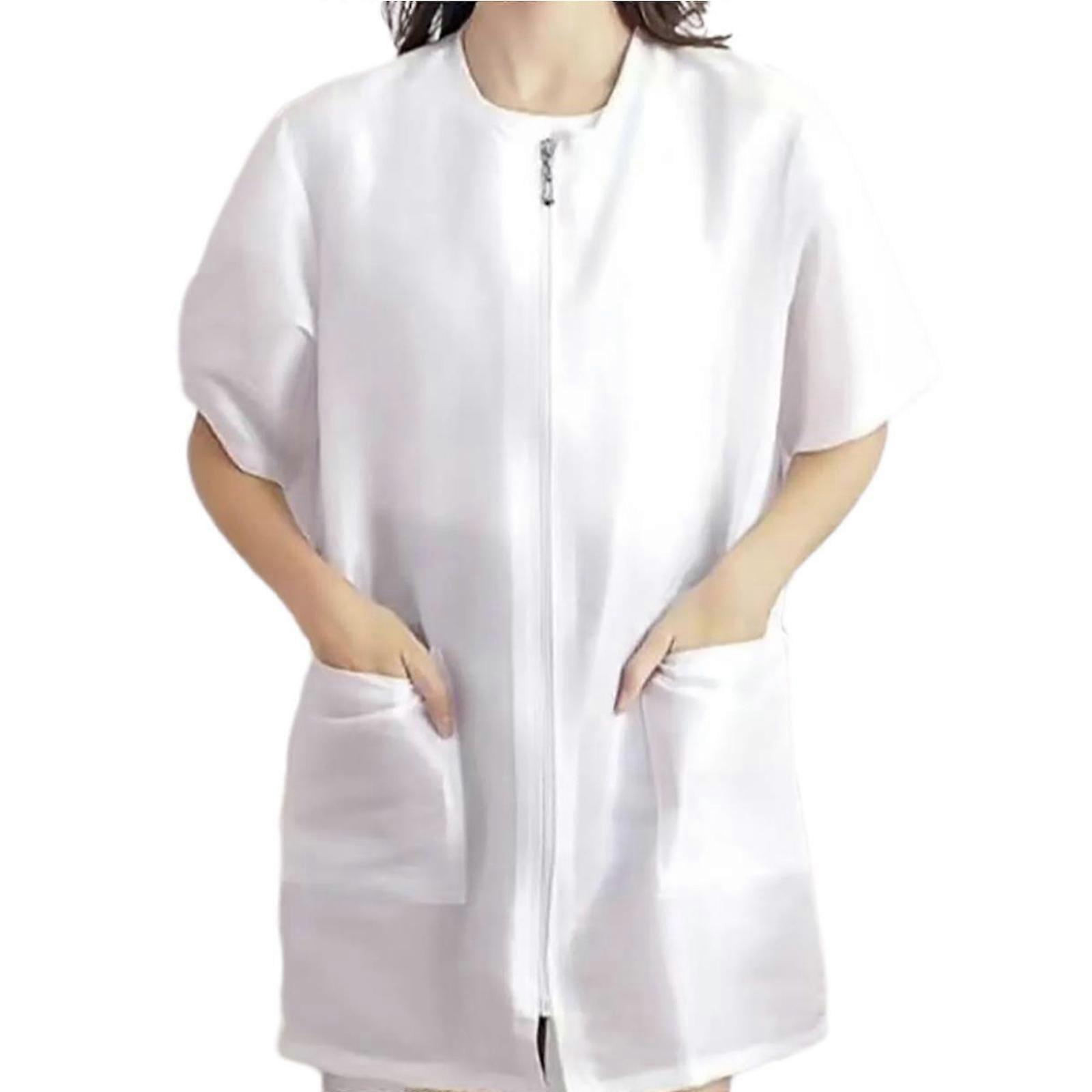 ヘアスタイリストワークウェア半袖/長袖美容師エプロン、清潔さのための実用的な大きなポケット付きアンチヘアデザインホワイト