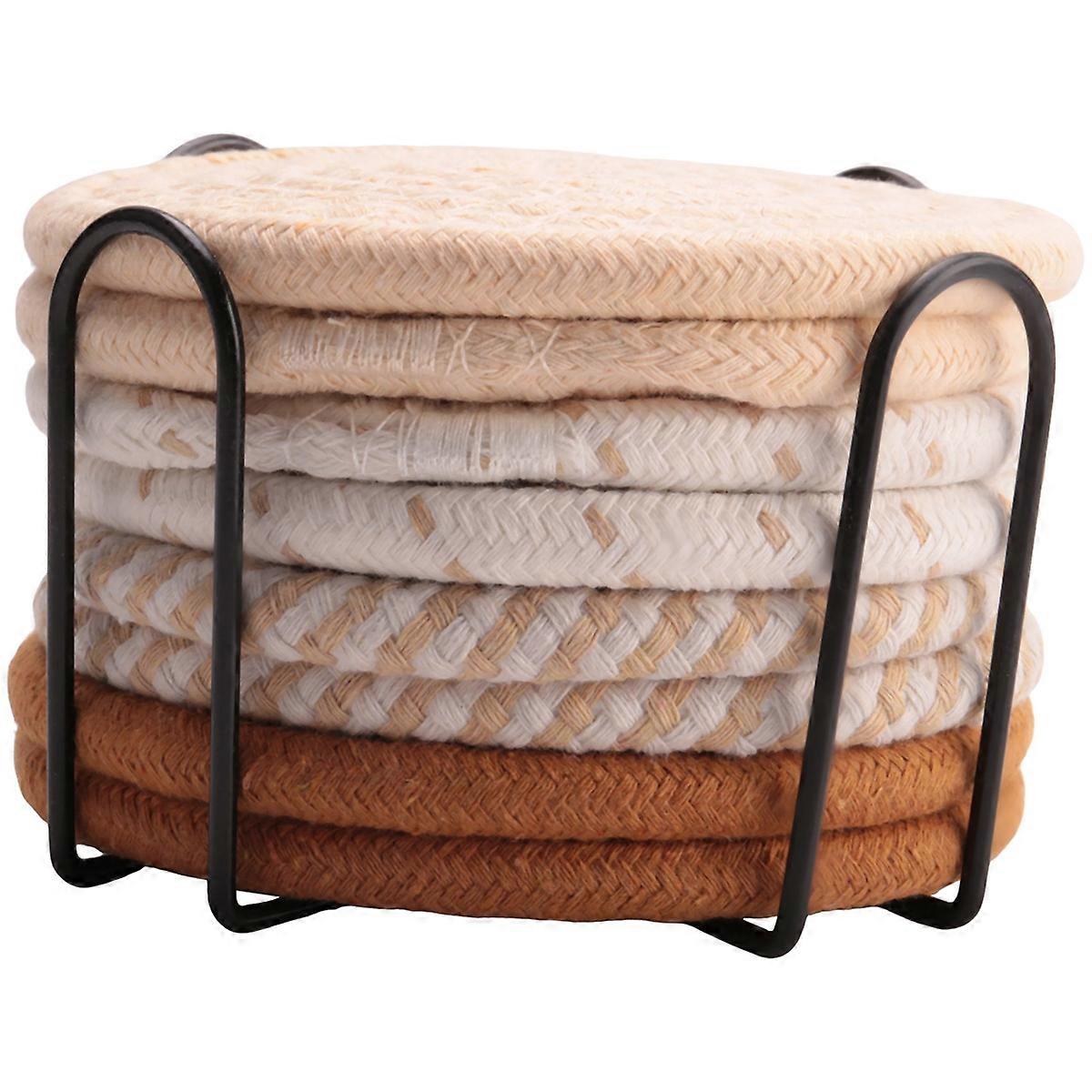 8 Pcs Drink Coasters with Holder, 4 Colors Absorbent Coasters for Drinks, Cotton Woven Coaster Set f
