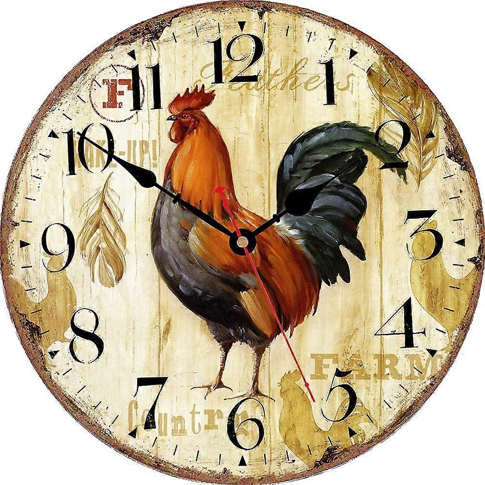 Rustic Vintage Rooster Silent Non Ticking Round Quartz Wooden Wall Clock for Living Room Decorative Easy to Read Retro Design