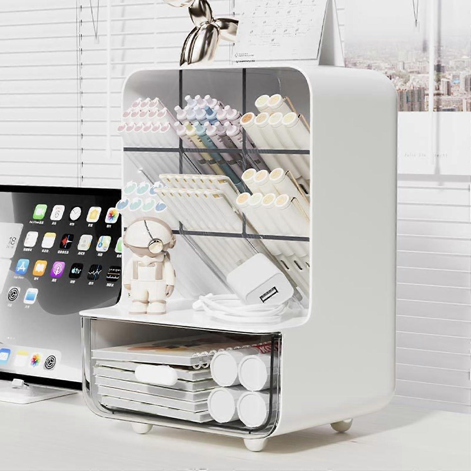 Pen Organizer for Desk, Desk Organizer with Drawer, Multi-Functional Pencil Holder (White)