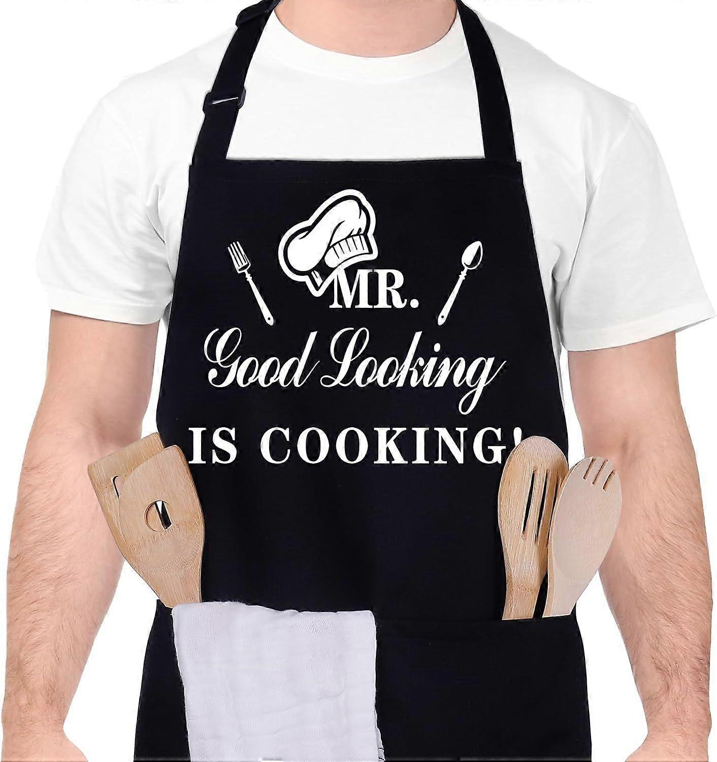 Funny Aprons for Men, MR Good Looking is Cooking, Professional Kitchen Cooking Apron Chef Husband Bib Aprons with Double Pocket Adjustable
