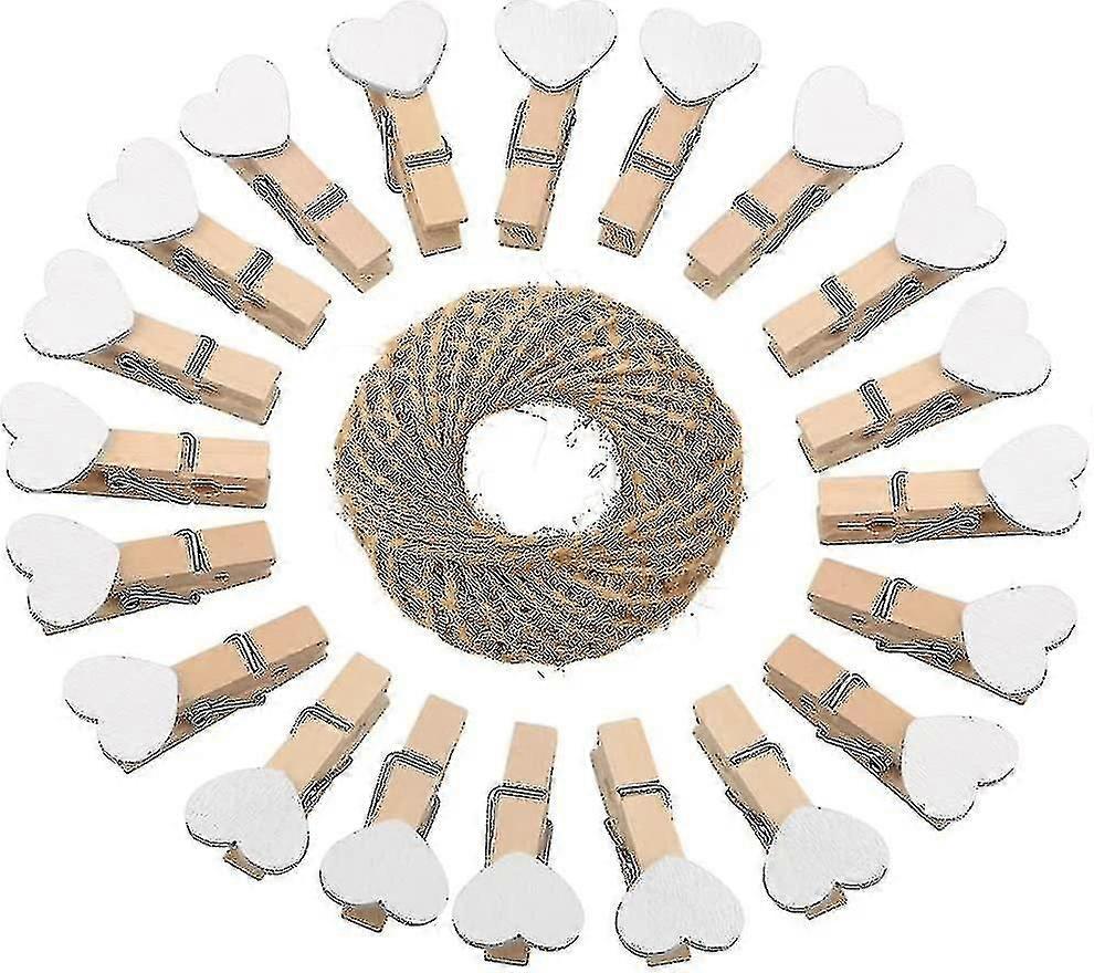 Mini Wooden Heart-shaped Clothespins for Crafts, 100pcs with 30M Natural Jute Twine