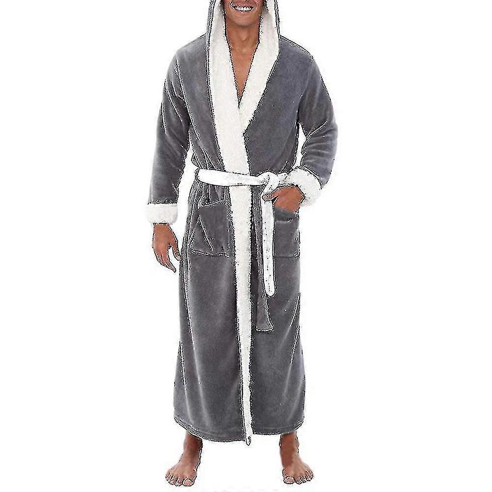 Men Long Hooded Bathrobe Soft Nightgown Robe Dressing Gown