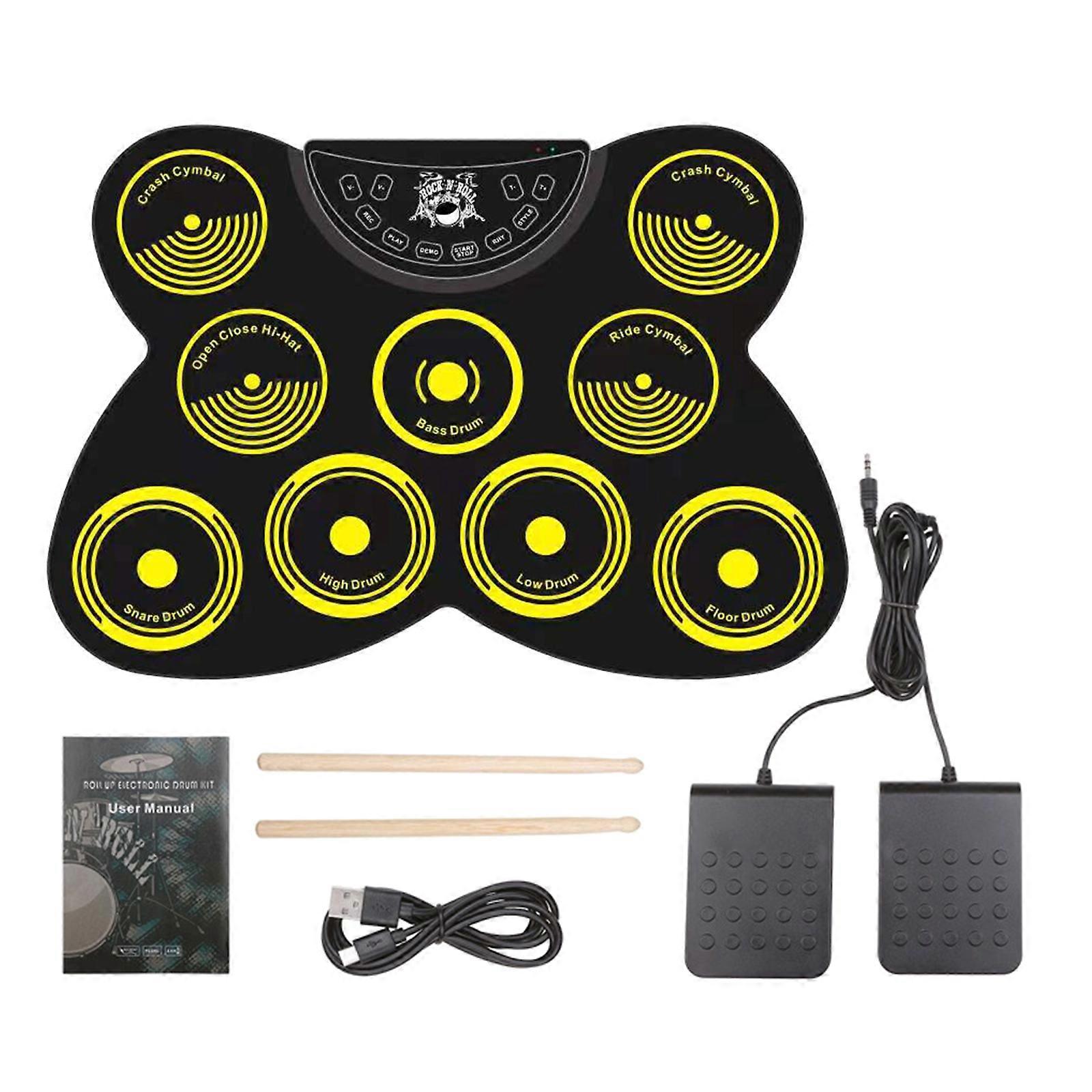 Electronic Drum Set 9 Drum Pads Roll up Electric Drum Set with Headphone Jack, Built in Speaker, Drum Stick, Foot Pedals Yellow