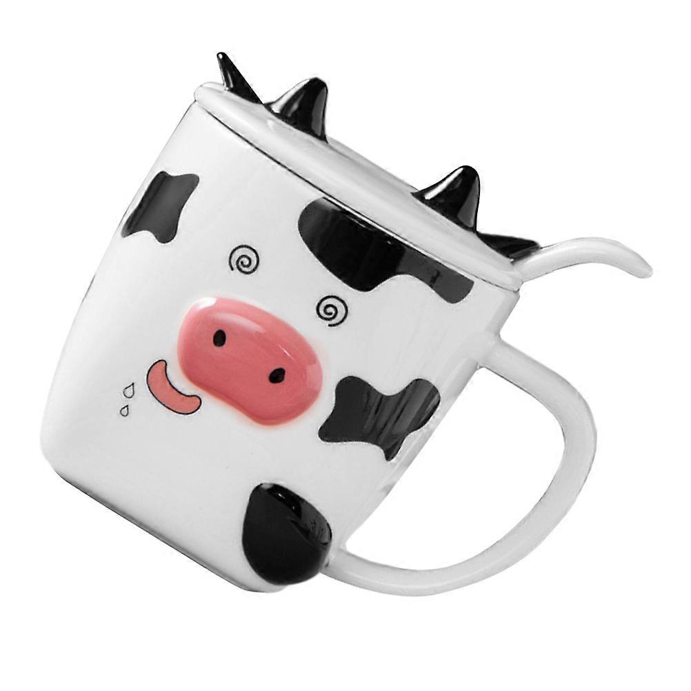Ceramic Cow Pattern Milk Cup with Spoon and Lid – Adorable Cow Themed Coffee Mug for Home and Office Use, High Grade Material, Easy to Clean