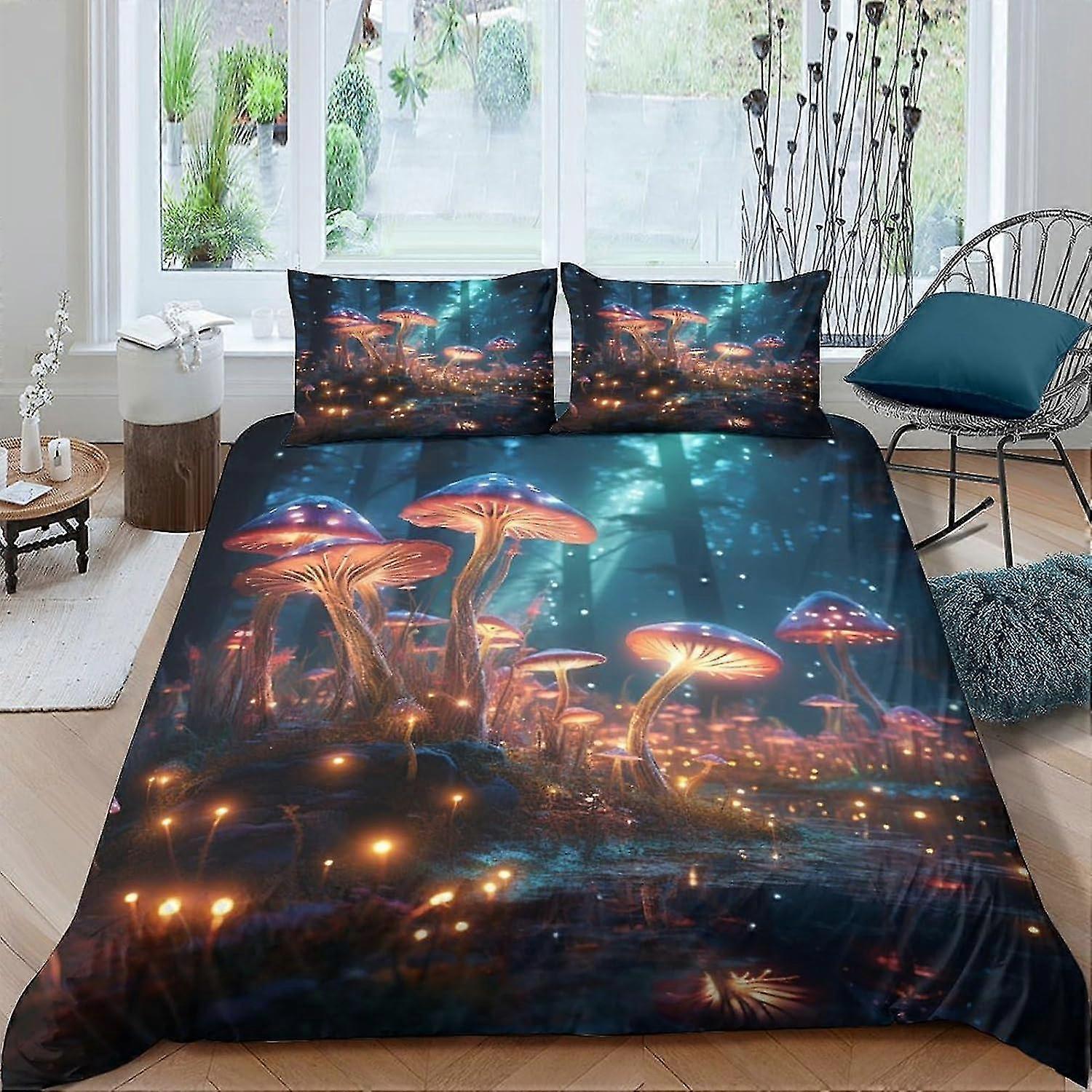 Fantasy Mushrooms 3D Printed Bedding Sets, with Pillow Cases, Soft Microfiber 3 Pieces, Fairy Forest Quilt Cover with Zipper