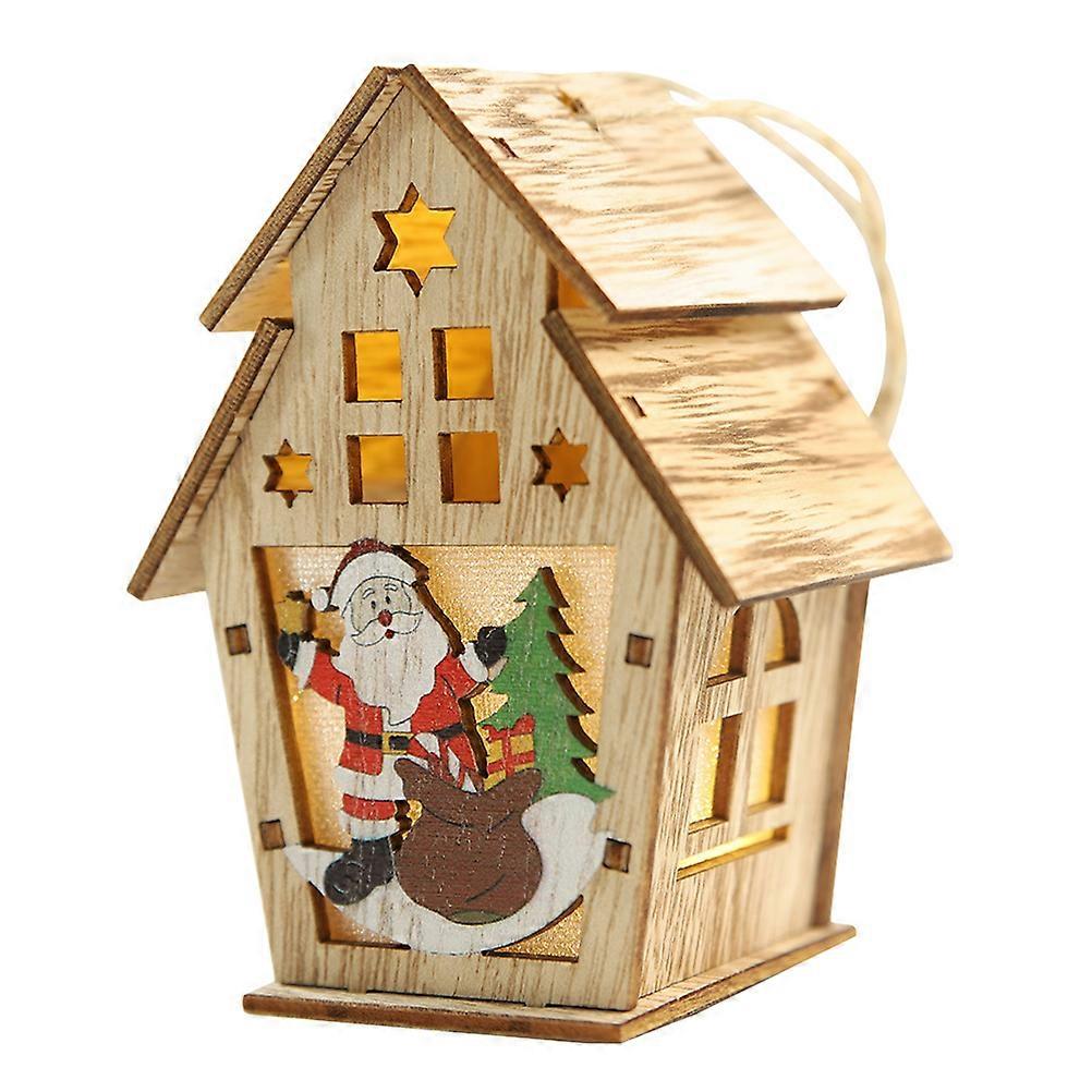 Glowing Log Cabin Ornaments Christmas Tree Wooden Pendant Luminous Decoration 8 x 5.5 x 11cm 1Pcs