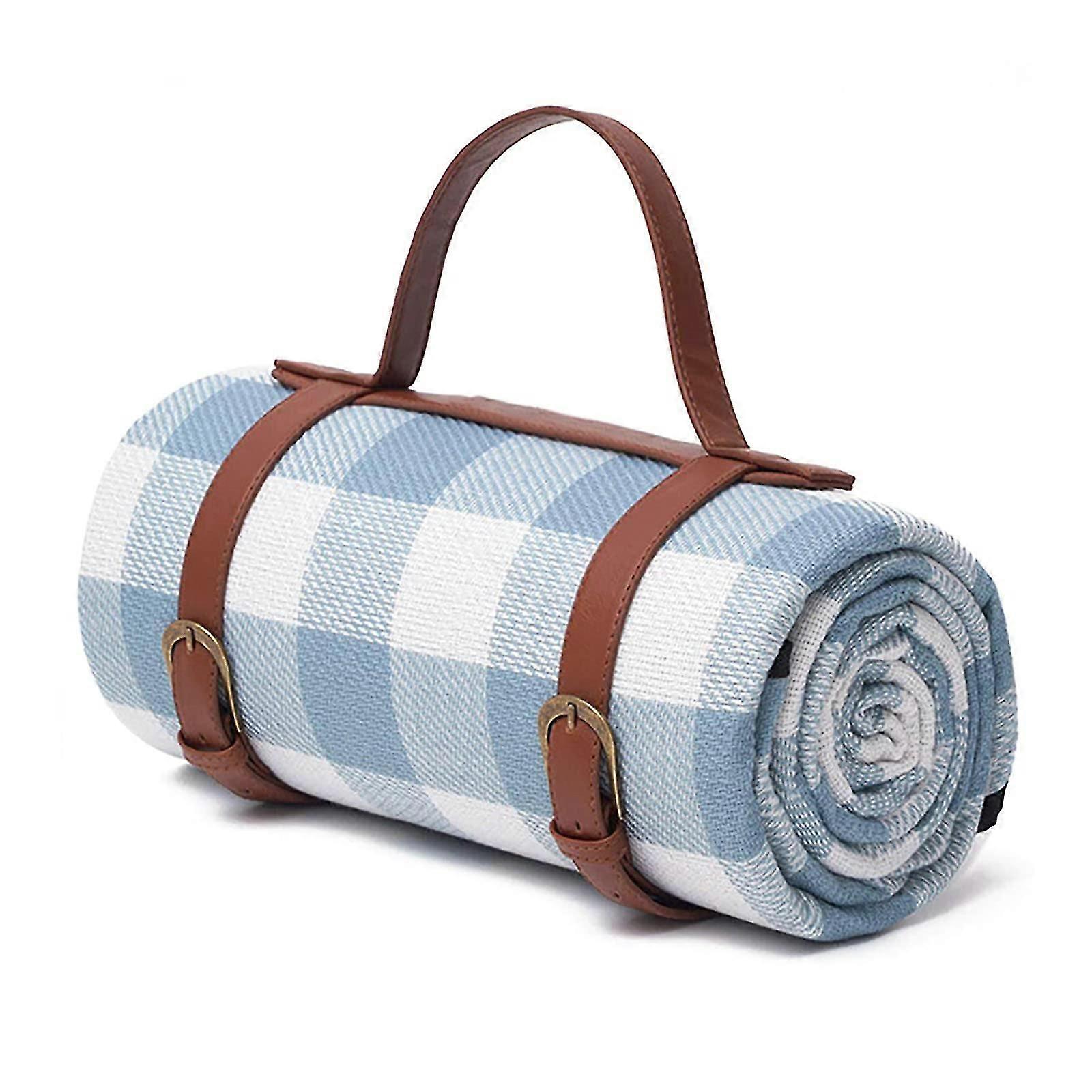 Blue and White Checked Picnic Blanket, Foldable Beach Mat with Carry Handle, 200x200CM