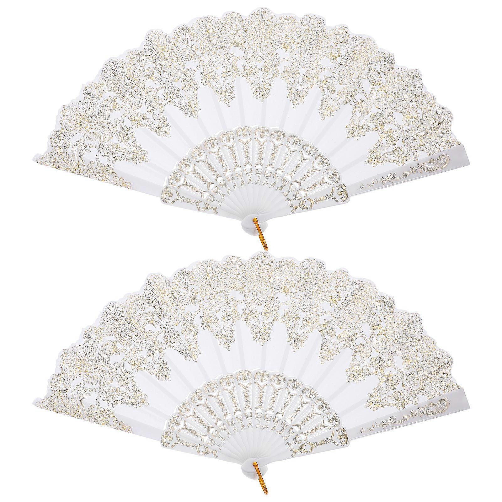 Decorative Chinese Folding Fan Handheld Fans For Stage Performances Parties In Elegant White 2Pcs