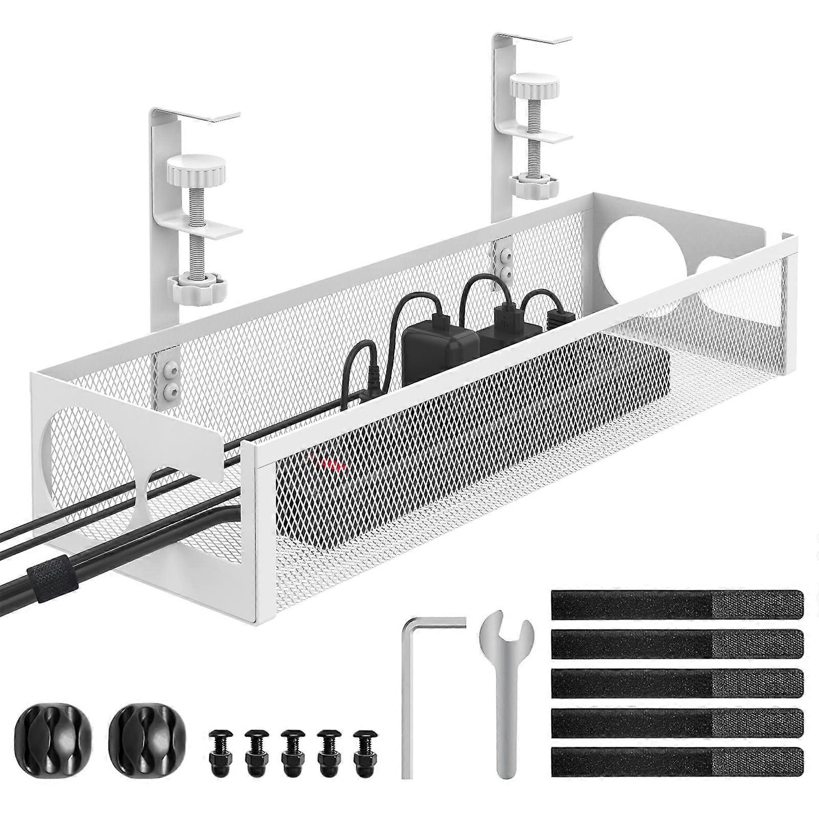 Under Desk Cable Management Compartment, No Drill, No Damage to Desk, Metal Mesh Cable Tray with Clamp for Desk, Under Desk Storage Space, White