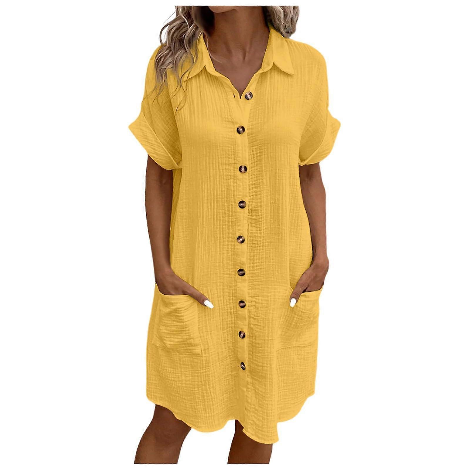 Muslin Dress Women's Summer Knee-Length Casual Midi Dress V-Neck Short Sleeve Beach Dress Boho Lightweight Yellow 2024