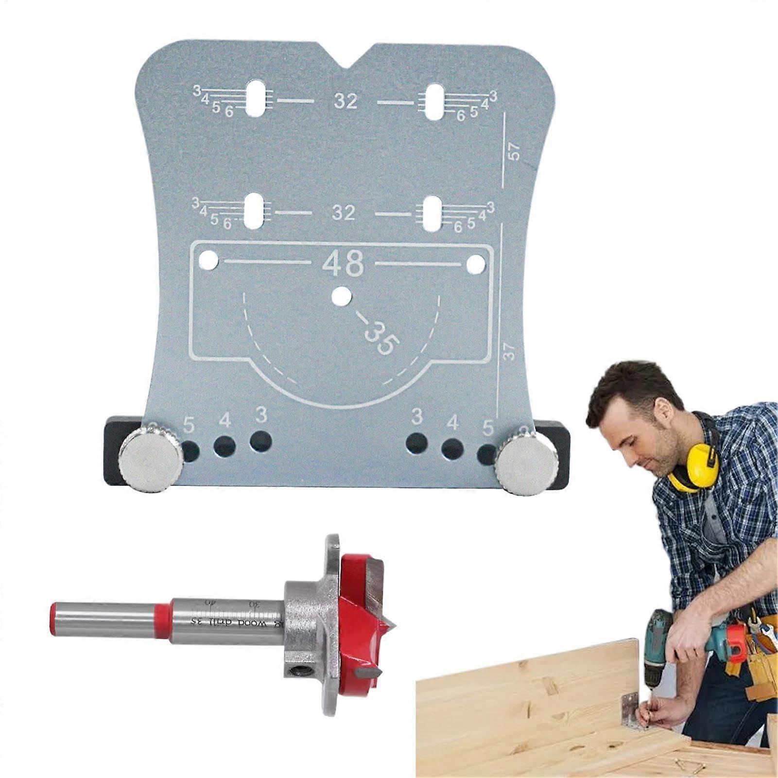 Cabinet Door Hinge Drilling Template, 35mm Hole Guide with Drill, Silver