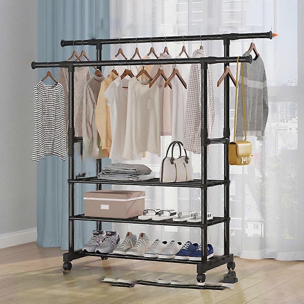 Clothes Drying Rack with 3 Layers Shelf Adjustable Height Floor Standing Extendable Double Rod Hanger