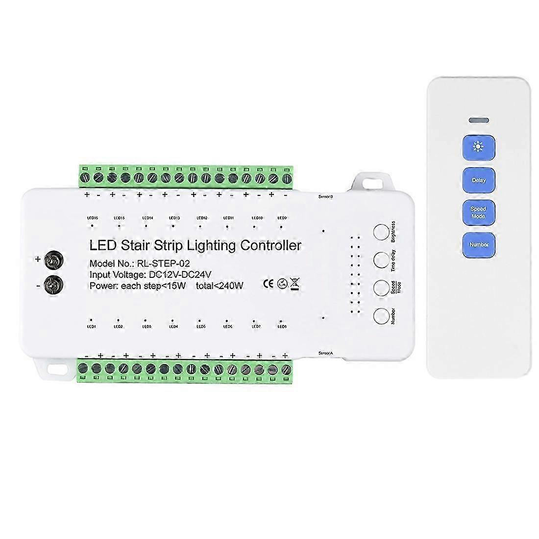 Dimmable Stair LED Controller 16 Channels Dual PIR Motion Sensor Step Light Strip Staircase Controler for Lamp Strip(B)