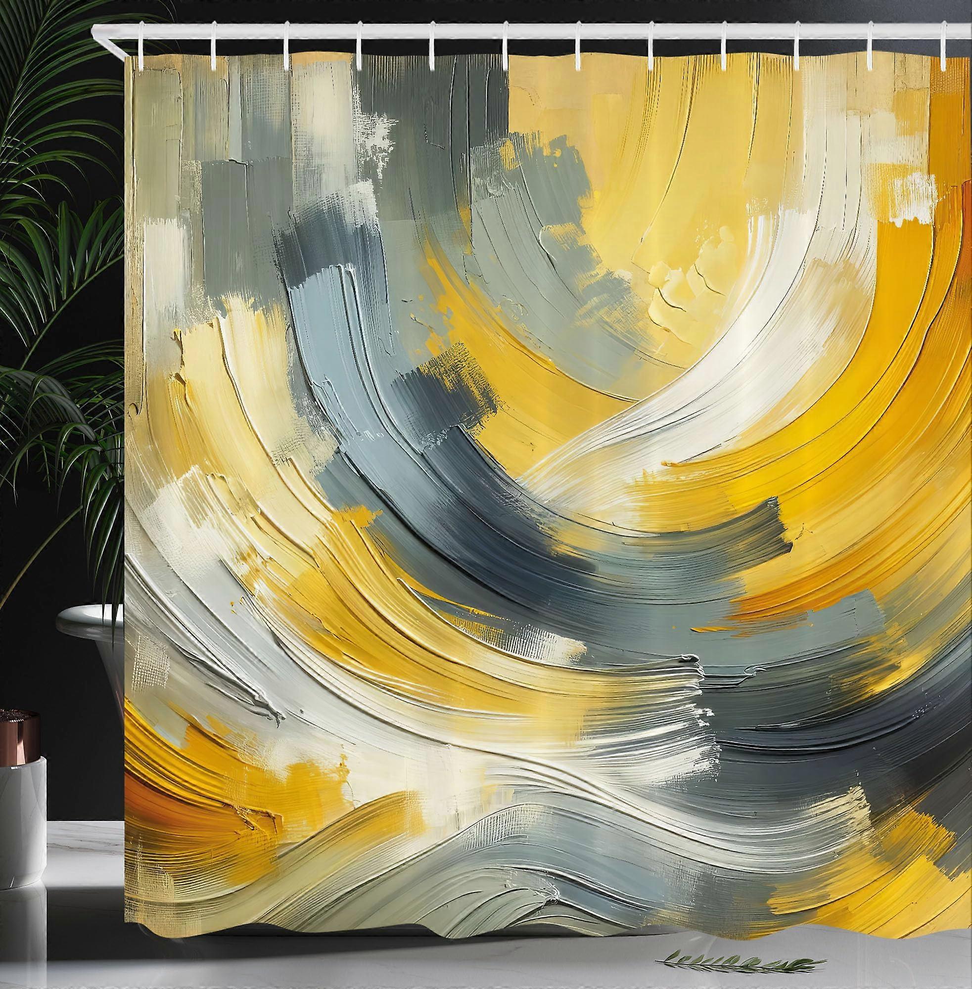 Yellow Shower Curtain, Abstract Design With Brush Strokes, 69 By 70 Inch, Cloth, Pale Orange And Blue Grey, Hooks