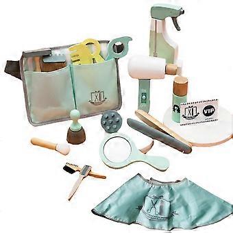 18 Pcs Kids Hairdressing Set Wooden Haircut Makeup Role Play Toy Set Wooden Simulation Haircut Bag Kids Hairdressing Set