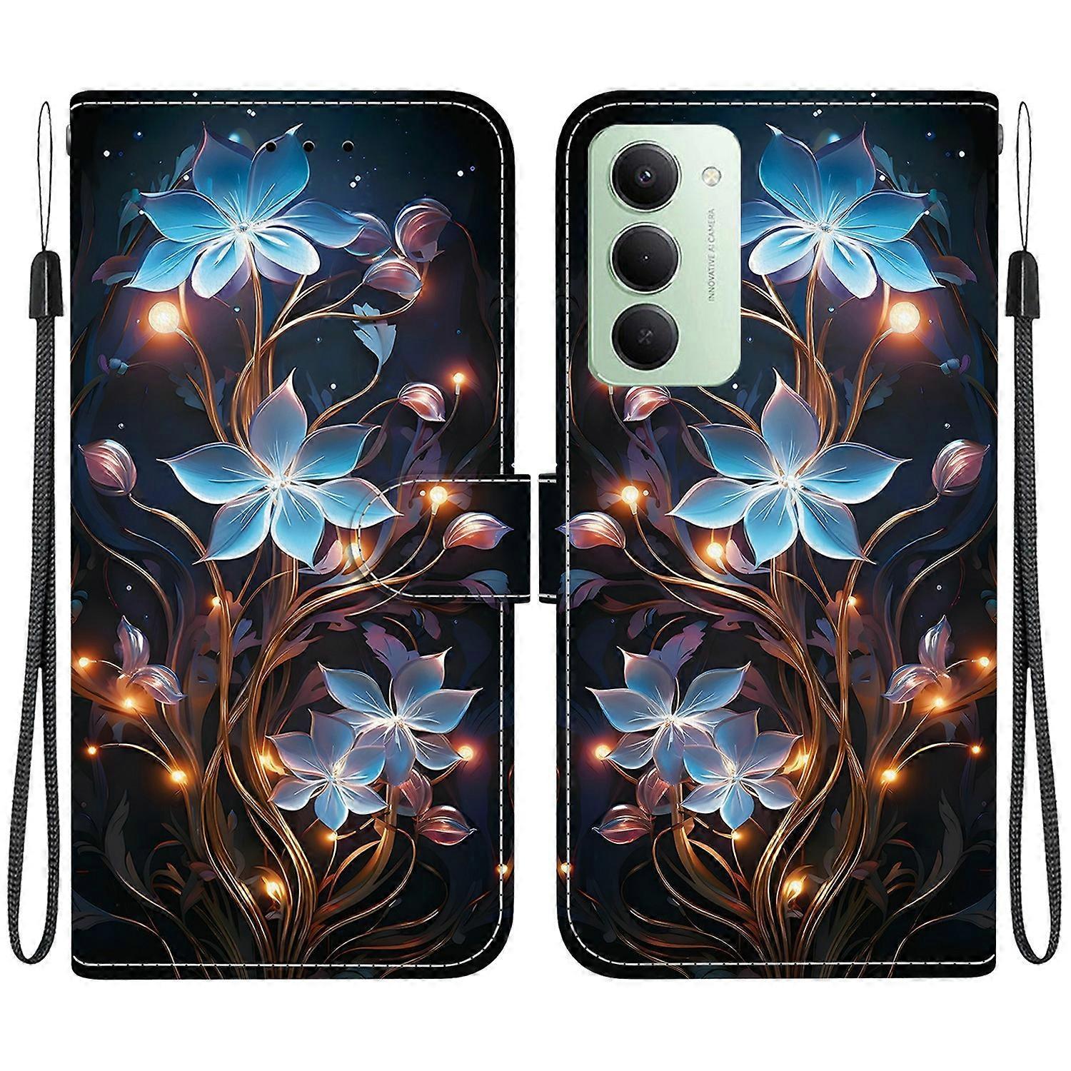 TKdaddy ل Xiaomi Redmi 15 5G (عالمي) (169 مم) غطاء هاتف محفظة جلد بنمط طباعة مع حبل زهرة فانوس صغير